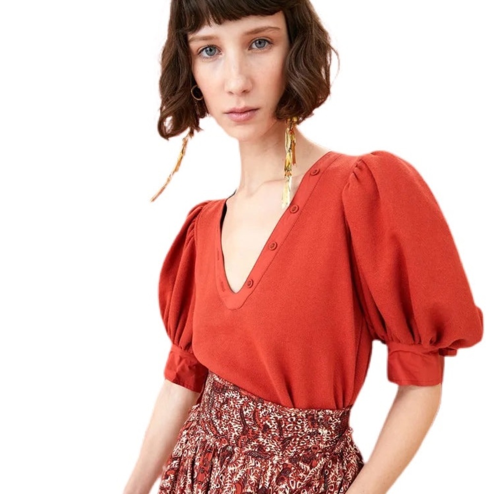 Ulla Johnson Top Pullover Sweatshirt Red Puff Sleeves Bess US P Petit